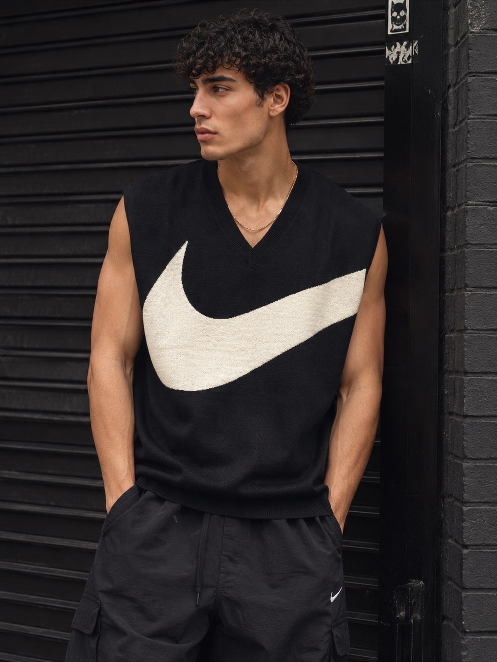 Nike Men’s Black V-Neck Sleeveless Sweater with White Swoosh